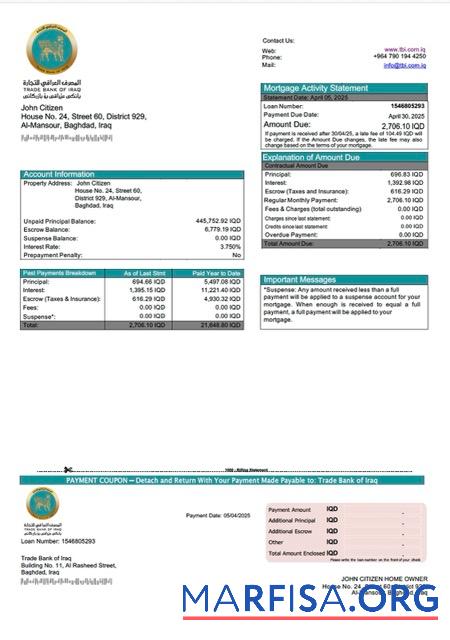 Downloadable Iraq Trade Bank of Iraq mortgage statement Word and PDF template